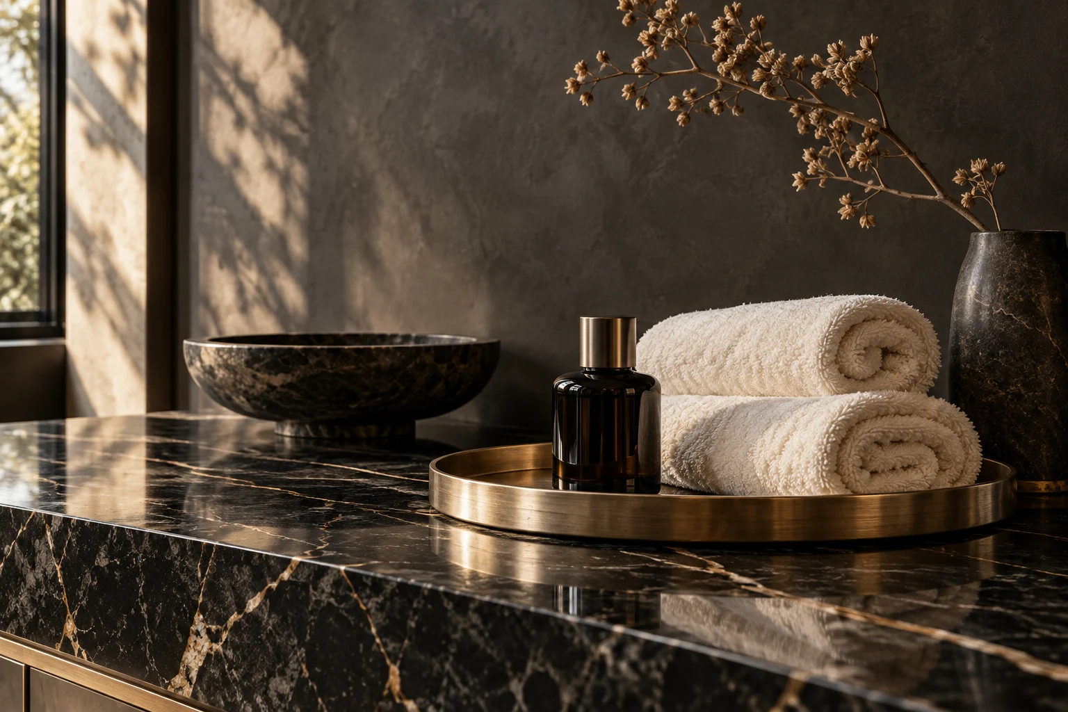 Illustrative still life of skincare vessels and folded linen on gold-veined dark marble