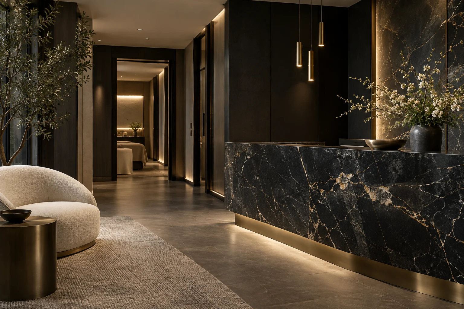 Illustrative Aurel clinic interior with dark marble, champagne-gold details and a quiet reception area